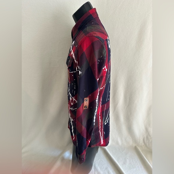 American Heritage Shirt Mens XL Red Plaid Paint Splatter Roll Tab Long Sleeve - Picture 3 of 15